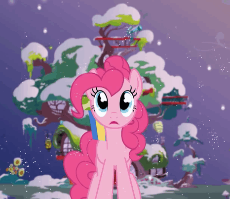 Size: 466x402 | Tagged: safe, artist:stasysolitude, character:pinkie pie, species:earth pony, species:pony, 2014, animated, christmas, cute, diapinkes, female, gif, golden oaks library, holiday, i can't believe it's not hasbro studios, mare, present, smiling, snow, snowfall, solo