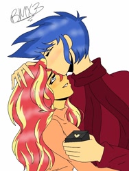 Size: 768x1024 | Tagged: safe, artist:brickercupmasterx3, character:flash sentry, character:sunset shimmer, ship:flashimmer, my little pony:equestria girls, clothing, cute, female, kiss on the head, male, romance, romantic, shipping, smiling, straight, sweater