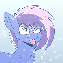 Size: 5000x5000 | Tagged: safe, artist:tuzz-arts, oc, oc:berry frost, species:earth pony, species:pony, chest fluff, chest freckles, freckles, snow, snowfall, solo, tongue out