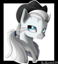 Size: 2000x2200 | Tagged: safe, artist:dreamyartcosplay, oc, oc only, oc:crystal eclair, species:zebra, fallout equestria, bust, clothing, fedora, hat, signature, simple background, solo, transparent background, zebra oc