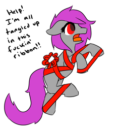 Size: 1340x1446 | Tagged: safe, artist:fluor1te, oc, oc:fluorite, species:earth pony, species:pony, bow, bubbles (trailer park boys), christmas, colored, dialogue, flat colors, holiday, ribbon, show reference, simple background, solo, tangled up, trailer park boys, vulgar, white background
