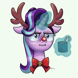 Size: 2048x2048 | Tagged: safe, artist:catscratchpaper, character:starlight glimmer, species:pony, species:unicorn, :i, antlers, candy, candy cane, chocolate, christmas, female, floppy ears, food, holiday, hot chocolate, i mean i see, jingle bells, red nose, simple background, solo