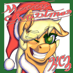Size: 2000x2000 | Tagged: safe, artist:korencz11, character:applejack, species:pony, christmas, clothing, female, hat, holiday, merry christmas, one eye closed, santa hat, simple background, smiling, solo, text, wink