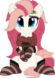 Size: 4630x6562 | Tagged: safe, artist:aureai, oc, oc only, oc:aureai, species:pegasus, species:pony, 2020 community collab, derpibooru community collaboration, .svg available, blushing, chest fluff, clothing, cookie, cup, cute, ear fluff, female, fluffy, food, happy, holly, leg fluff, long mane, looking at you, mare, oreo, raised eyebrow, scarf, simple background, sitting, smiling, socks, solo, striped socks, tea, transparent background, vector