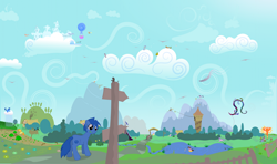 Size: 2048x1209 | Tagged: safe, artist:grayma1k, character:carrot top, character:derpy hooves, character:dinky hooves, character:golden harvest, character:pinkie pie, character:rainbow dash, character:scootaloo, character:twilight sparkle, oc, species:earth pony, species:pegasus, species:pony, species:rabbit, balloon, female, fish, kite, magic, mare