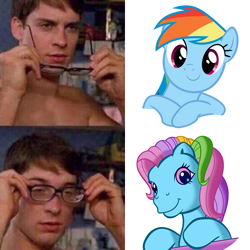 Size: 1024x1024 | Tagged: safe, artist:supermatt314, artist:vladimirmacholzraum, character:rainbow dash, character:rainbow dash (g3), species:human, species:pony, g3, cute, female, glasses, happy, male, mare, meme, peter parker, simple background, smiling, spider-man, that explains everything, wat, white background
