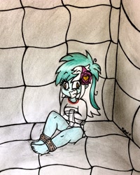Size: 2078x2592 | Tagged: safe, artist:michaelmaddox222, character:lyra heartstrings, my little pony:equestria girls, ankle cuffs, asylum, barefoot, bondage, colored, cuffs, feet, female, insanity, messy hair, padded cell, pencil drawing, signature, solo, straitjacket, traditional art