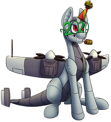 Size: 1151x1270 | Tagged: safe, alternate version, artist:ikarooz, oc, oc only, oc:dorn, species:plane pony, species:pony, 2020, do 217 n2, glasses, grin, male, new year, original species, party horn, plane, simple background, sitting, smiling, solo, stallion, transparent background