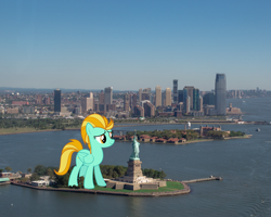 Size: 2000x1600 | Tagged: safe, artist:vladimirmacholzraum, character:lightning dust, species:pony, city, female, giant pegasus, giant pony, giantess, highrise ponies, irl, macro, manhattan, mega/giant lightning dust, new york, photo, ponies in real life, statue of liberty