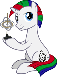 Size: 1706x2289 | Tagged: safe, artist:lightning stripe, derpibooru original, oc, oc only, oc:journal, oc:journal.pone, species:pony, species:unicorn, 2020 community collab, derpibooru community collaboration, blue eyes, cutie mark, gyroscope, holding, horn, male, multicolored hair, plos one, show accurate, simple background, sitting, solo, stallion, transparent background, white coat