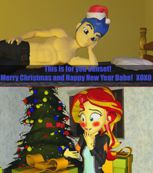 Size: 2560x2888 | Tagged: safe, artist:wolfthepredator, character:flash sentry, character:sunset shimmer, ship:flashimmer, my little pony:equestria girls, 3d, belly button, belt, christmas, clothing, female, holiday, male, nipples, nudity, pants, partial nudity, shipping, source filmmaker, straight, topless