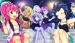 Size: 2070x1200 | Tagged: safe, artist:lucy-tan, edit, character:indigo zap, character:lemon zest, character:sour sweet, character:sugarcoat, character:sunny flare, my little pony:equestria girls, adoraflare, armpits, bottle, breasts, champagne, cleavage, clothing, coat, color edit, colored, cute, eyes closed, fireworks, glass, happy new year, high heels, holiday, legs, looking at you, midriff, miniskirt, one eye closed, open mouth, pleated skirt, shadow five, shirt, shoes, sitting, skirt, smiling, sourbetes, sugarcute, tank top, wink, zapabetes, zestabetes