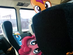 Size: 3264x2448 | Tagged: safe, artist:ojhat, character:pinkie pie, character:rainbow dash, character:scootaloo, species:pegasus, species:pony, bus, photobomb, ponies in real life, scootabus, vector