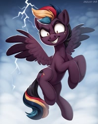 Size: 539x680 | Tagged: safe, artist:zazush-una, oc, oc only, species:pegasus, species:pony, evil grin, female, flying, grin, lightning, mare, smiling, solo, spread wings, wings