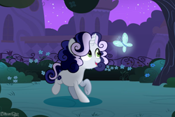 Size: 2904x1944 | Tagged: safe, artist:dianamur, oc, oc:stormy, parent:rumble, parent:sweetie belle, parents:rumbelle, species:pony, species:unicorn, bush, butterfly, canterlot, female, filly, flly, flower, glow, night, offspring, playing, solo, stars