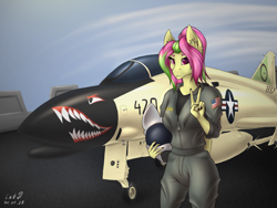 Size: 3200x2400 | Tagged: safe, artist:catd-nsfw, oc, oc:mollydv, species:anthro, species:pegasus, species:pony, aircraft, airforce, clothing, f-4 phantom, peace sign, pilot, smiling, solo, uniform