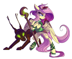 Size: 1920x1559 | Tagged: safe, artist:hagalazka, character:fluttershy, species:pegasus, species:pony, clothing, druid, female, flower, flower in hair, glowing eyes, mare, simple background, staff, timber wolf, transparent background