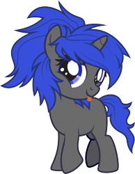 Size: 1791x2305 | Tagged: safe, alternate version, artist:lightning stripe, derpibooru original, edit, oc, oc:dream², species:pony, species:unicorn, accessory-less edit, blank flank, blep, blue eyes, blue mane, commission, cute, female, filly, foal, gray coat, horn, messy mane, missing accessory, mute, ocbetes, show accurate, simple background, tongue out, transparent background, vector