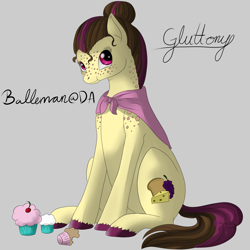 Size: 2000x2000 | Tagged: safe, artist:dreamyartcosplay, species:earth pony, species:pony, cape, clothing, cupcake, female, food, freckles, gluttony, hair bun, mare, ponified, seven deadly sins, signature, sitting, solo, text, unshorn fetlocks