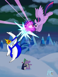 Size: 765x1001 | Tagged: safe, artist:kelseyleah, character:spike, character:twilight sparkle, character:twilight sparkle (alicorn), species:alicorn, species:human, species:pony, adventure time, crossover, fight, gunther, ice king