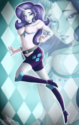 Size: 1900x3000 | Tagged: safe, artist:dreamyartcosplay, character:rarity, my little pony:equestria girls, abstract background, belt, boots, breasts, busty rarity, clothing, female, high heel boots, horn, shoes, signature, solo, zoom layer