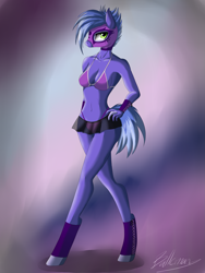 Size: 2121x2828 | Tagged: safe, artist:dreamyartcosplay, oc, oc only, oc:night blossom, species:anthro, species:earth pony, species:pony, species:unguligrade anthro, abstract background, anthro oc, bra, clothing, earth pony oc, female, leg warmers, legs, mare, mask, miniskirt, not luna, panties, see-through, see-through skirt, skirt, solo, thong, underwear, wrestler