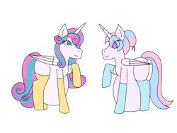 Size: 2048x1536 | Tagged: safe, artist:mintymelody, character:princess flurry heart, oc, oc:bundle joy, species:alicorn, species:pony, adult, alicornified, clothing, duo, duo female, female, looking at each other, multiple pregnancy, older, older flurry heart, pregnant, race swap, raised hoof, socks