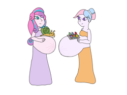 Size: 2048x1536 | Tagged: safe, artist:mintymelody, character:princess flurry heart, oc, oc:bundle joy, species:human, my little pony:equestria girls, adult, belly button, clothing, cupcake, duo, duo female, female, food, hand on belly, looking at each other, multiple pregnancy, older, older flurry heart, pregnant, pregnant equestria girls, socks, stretchmarks, tray, whammy