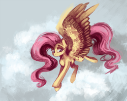 Size: 2000x1592 | Tagged: safe, artist:hagalazka, character:fluttershy, species:pegasus, species:pony, cloud, female, flying, mare, solo, spread wings, wings