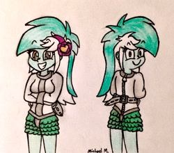 Size: 2224x1958 | Tagged: safe, artist:michaelmaddox222, character:lyra heartstrings, my little pony:equestria girls, bondage, colored, female, front and back, grin, looking at you, looking back, looking back at you, pencil drawing, restrained, signature, smiling, solo, straitjacket, traditional art