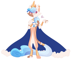 Size: 2702x2277 | Tagged: safe, artist:polymercorgi, oc, oc only, parent:capper dapperpaws, parent:princess celestia, parents:capperlestia, species:anthro, species:digitigrade anthro, cape, clothing, crown, ethereal hair, ethereal mane, galaxy mane, hybrid, interspecies offspring, jewelry, offspring, regalia, simple background, solo, white background