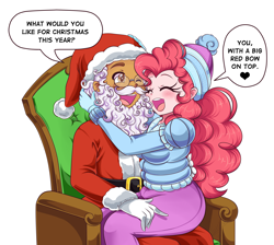 Size: 2900x2600 | Tagged: safe, artist:lucy-tan, commissioner:imperfectxiii, character:pinkie pie, oc, oc:copper plume, species:human, blushing, canon x oc, chair, christmas, clothing, coat, commission, copperpie, costume, cute, dialogue, diapinkes, eyes closed, fake beard, fake moustache, female, freckles, glasses, gloves, hat, holiday, hug, humanized, male, one eye closed, open mouth, plump, santa costume, santa hat, shipping, simple background, sitting on lap, sitting on person, smiling, speech bubble, straight, white background, winter outfit