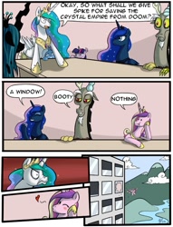 Size: 534x700 | Tagged: safe, artist:crystal-secret, edit, character:discord, character:princess cadance, character:princess celestia, character:princess luna, character:queen chrysalis, character:spike, character:trixie, character:twilight sparkle, episode:just for sidekicks, g4, my little pony: friendship is magic, comic, drama, employer meme, exploitable meme, hejibits, spike drama