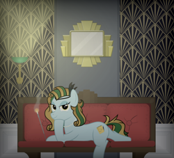 Size: 2200x2000 | Tagged: safe, artist:devfield, oc, oc only, oc:atlas, species:pony, species:unicorn, art deco, bedroom eyes, bioshock, cigarette, cigarette holder, couch, cushion, feather, female, glow, headband, high res, jewelry, lamp, light, looking at you, mare, mirror, necklace, pearl necklace, prone, smiling, smirk, smoke, solo, vignette, wallpaper, wood