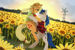 Size: 1200x807 | Tagged: safe, artist:mr-tiaa, character:applejack, oc, oc:constance everheart, species:earth pony, species:pony, apple, bipedal, blushing, canon x oc, crying, everjack, eye contact, female, flower, food, holding a pony, looking at each other, male, mare, plaid, plaid shirt, shipping, stallion, standing up, straight, sunflower, sunset, tears of joy, teary eyes