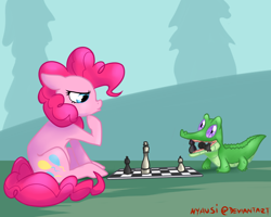 Size: 1000x800 | Tagged: safe, artist:vertizontal, character:gummy, character:pinkie pie, chess, gummy is a filthy cheater