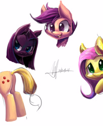Size: 2760x3387 | Tagged: safe, artist:jggjqm522, character:applejack, character:fluttershy, character:pinkamena diane pie, character:pinkie pie, character:scootaloo, species:pegasus, species:pony, bust, butt, doodle, doodles, high res, plot, simple background