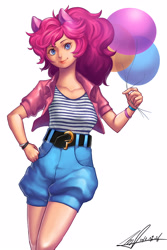 Size: 2664x4000 | Tagged: source needed, safe, artist:jggjqm522, character:pinkie pie, species:human, balloon, clothing, eared humanization, female, high res, humanized, pony ears, simple background, solo, white background