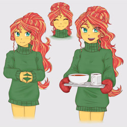 Size: 3582x3582 | Tagged: safe, artist:dragonemperror2810, character:sunset shimmer, species:human, my little pony:equestria girls, anime, bottomless, clothing, coffee, cup, cute, eye clipping through hair, eyes closed, female, food, high res, open mouth, oven mitts, partial nudity, shimmerbetes, simple background, solo, soup, sweater, tray, white background, winter