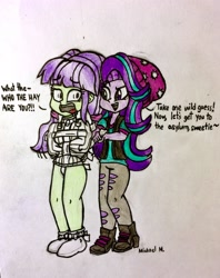 Size: 2301x2906 | Tagged: safe, artist:michaelmaddox222, character:starlight, character:starlight glimmer, my little pony:equestria girls, beanie, bondage, booties, clothing, colored, female, hat, namesake, pants, pencil drawing, scared, shoes, signature, starlight, straitjacket, traditional art