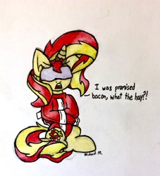 Size: 2068x2275 | Tagged: safe, artist:michaelmaddox222, character:sunset shimmer, species:pony, species:unicorn, angry, blindfold, bondage, colored, female, floppy ears, horn, horn ring, magic suppression, pencil drawing, signature, sitting, solo, straitjacket, traditional art