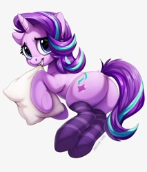 Size: 687x807 | Tagged: safe, artist:zazush-una, character:starlight glimmer, species:pony, species:unicorn, biting, butt, clothing, cute, female, glimmer glutes, glimmerbetes, grin, looking at you, mare, nervous, nervous grin, pillow, pillow biting, plot, simple background, smiling, socks, solo, striped socks, white background