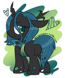Size: 1497x1801 | Tagged: safe, artist:inkie-heart, character:queen chrysalis, species:changeling, bugbutt, butt, changeling queen, cute, cutealis, fangs, female, floating heart, heart, heart eyes, looking at you, looking back, looking back at you, obtrusive watermark, plot, rear view, signature, simple background, solo, transparent background, watermark, wingding eyes