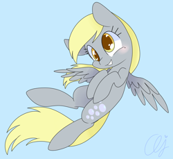 Size: 1340x1230 | Tagged: safe, artist:inkie-heart, character:derpy hooves, species:pegasus, species:pony, blue background, blushing, cute, derpabetes, female, flying, mare, obtrusive watermark, signature, simple background, smiling, solo, spread wings, watermark, wings