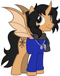 Size: 1962x2496 | Tagged: safe, artist:lightning stripe, derpibooru original, oc, oc only, oc:the deafhorse, species:alicorn, species:bat pony, species:pony, bat pony alicorn, black mane, black tail, clothing, commission, curved horn, cutie mark, gray eyes, horn, jewelry, male, messy mane, necklace, orange coat, scarf, show accurate, simple background, solo, stallion, sweater, transparent background, vector, wings
