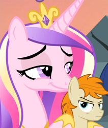 Size: 914x1080 | Tagged: safe, artist:devfield, edit, edited screencap, screencap, character:princess cadance, oc, oc:pizzamovies, species:alicorn, species:earth pony, species:pony, episode:three's a crowd, g4, my little pony: friendship is magic, blue eyes, cadance's pizza delivery, cropped, crown, female, food, frown, jewelry, looking back, male, mare, meme, peetzer, pizza, regalia, smiling, smirk, smug, stallion, that pony sure does love pizza