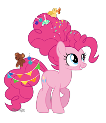 Size: 2208x2544 | Tagged: safe, artist:dianamur, character:pinkie pie, species:earth pony, species:pony, episode:the last problem, g4, my little pony: friendship is magic, candy, candy in hair, confetti, female, food, lollipop, mare, older, older pinkie pie, rubber duck, simple background, solo, teddy bear, transparent background