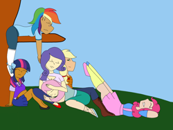 Size: 2048x1536 | Tagged: safe, artist:mintymelody, character:applejack, character:fluttershy, character:pinkie pie, character:rainbow dash, character:rarity, character:twilight sparkle, species:human, humanized, mane six, sleeping