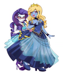 Size: 1280x1467 | Tagged: safe, artist:lucy-tan, character:rarity, oc, oc:azure/sapphire, my little pony:equestria girls, anime, clothing, crossdressing, dress, ear piercing, earring, equestria girls-ified, female, femboy, glasses, gown, high heels, jewelry, makeup, male, piercing, rarity's glasses, shoes, wig