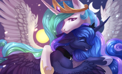 Size: 3300x2000 | Tagged: safe, artist:magicbalance, character:princess celestia, character:princess luna, species:alicorn, species:pony, chest fluff, crescent moon, cute, day and night, duo, ear fluff, eyes closed, female, high res, hug, leg fluff, mare, moon, neck nuzzle, royal sisters, siblings, sisterly love, sisters, smiling, spread wings, sun, wings